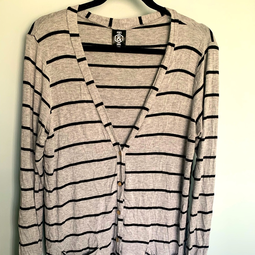 Women’s Agnes & Dora Essential Cardigan Large Gray and Black Stripe